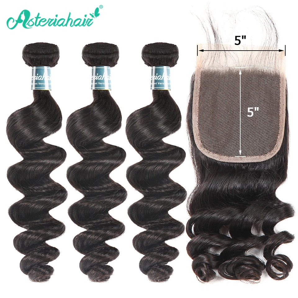 Asteria Hair Loose Wave Bundles With 5*5 Closure Brazilian Human hair Weave 3 Lace Remy Extensions | Шиньоны и парики