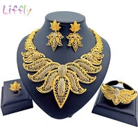 african fashion jewelry sets big necklace gold bracelet leaf shape earrings ring crystal jewelry party charm women jewelry