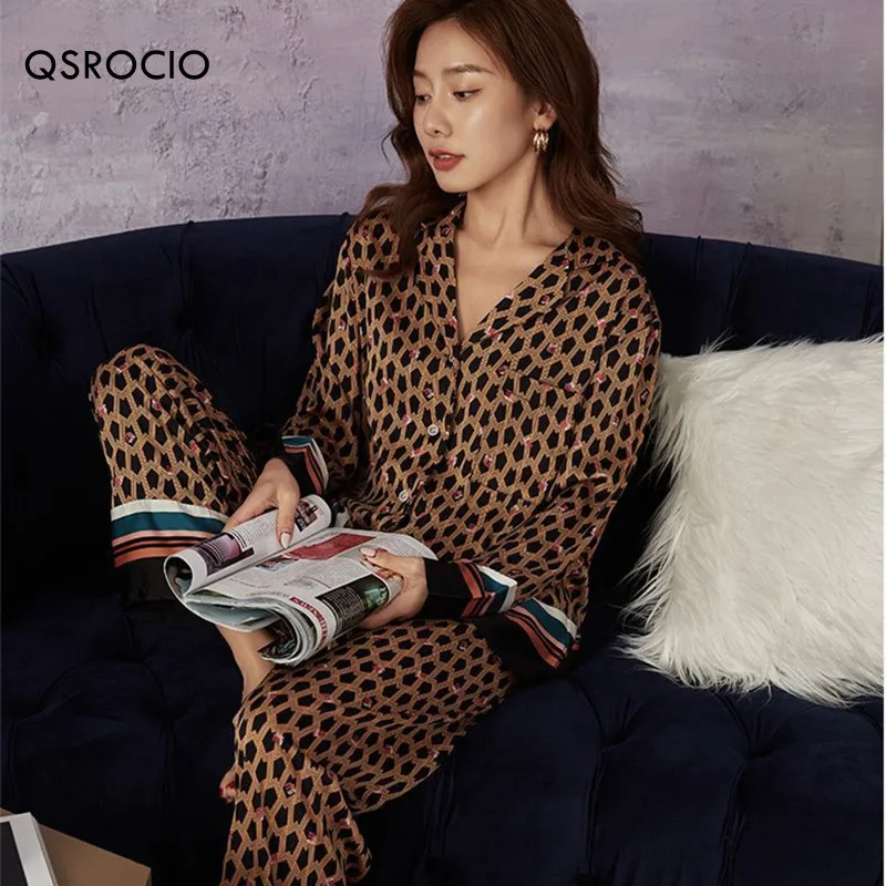 

QSROCIO Women's Pajamas Set Luxury Instagram Style Fashion Stripes Sleepwear Silk Like Nightgown Leisure Home Clothes Nightwear