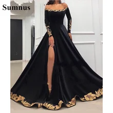 Sumnus – robe de soirée à manches longues pour femmes, tenue de bal en dentelle, manches longues, fleurs dorées, épaules nues, fente haute, arabie saoudite  (1)