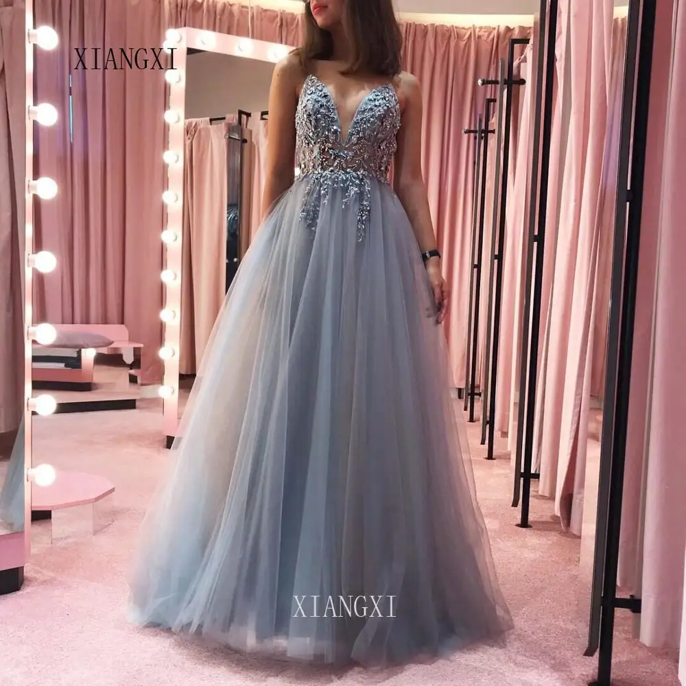 

2020 Blue Long Evening Dresses Long With Beaded Embroidery Evening Dress Spaghetti Strap Floor Length Formal Gowns Vestidos