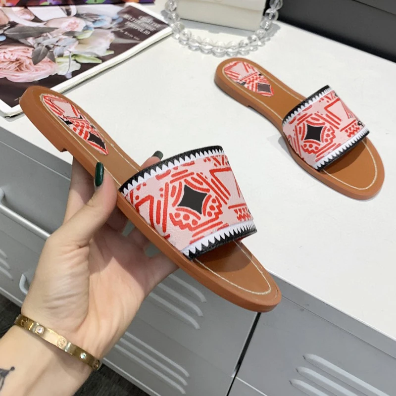 

Fashion 2021 New Women's Genuine Leather Letter Printed Embroidery Mixed Colors Metal Button Flat Loafers Slippers Sandals Shoes