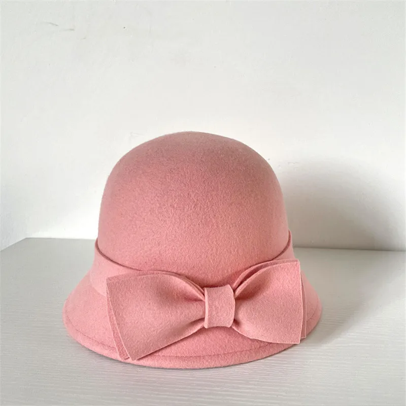 

202308-suaishi chic ins Cherry color winter small brim pink bowknot wool felt lady bucket cap women fishermen hat