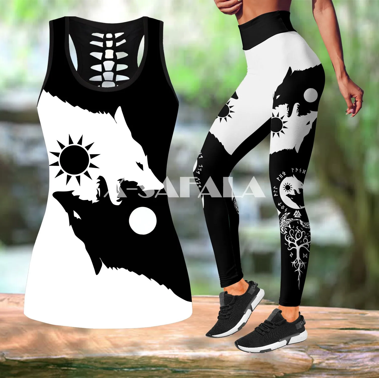 

Vikings - Odin Tattoo Two Piece Yoga Set Women 3D Print Vest Hollow Out Tank Top High Waist Legging Summer Casual Sport-3