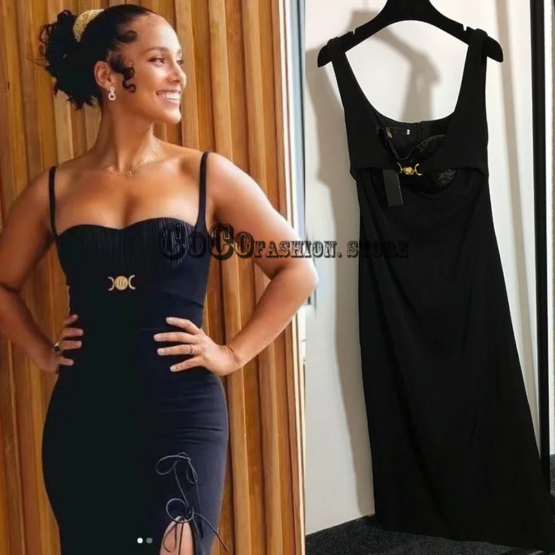

Luxury designer 2021 high end fashion summer woman dress classic Metal Logoed slim Split skirt sexy vintage corset party dresses