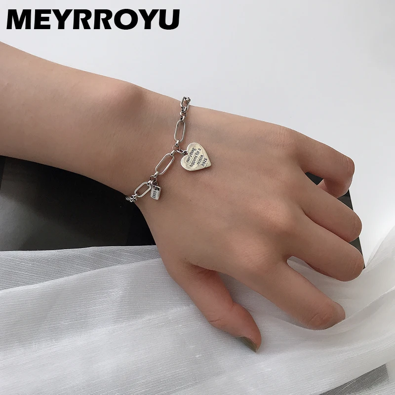 

MEYRROYU Silver Color INS Love Heart Women Girls Bracelet Fashion O-Shape Chain Hand Jewelry Length Adjustable 2021 New Trend