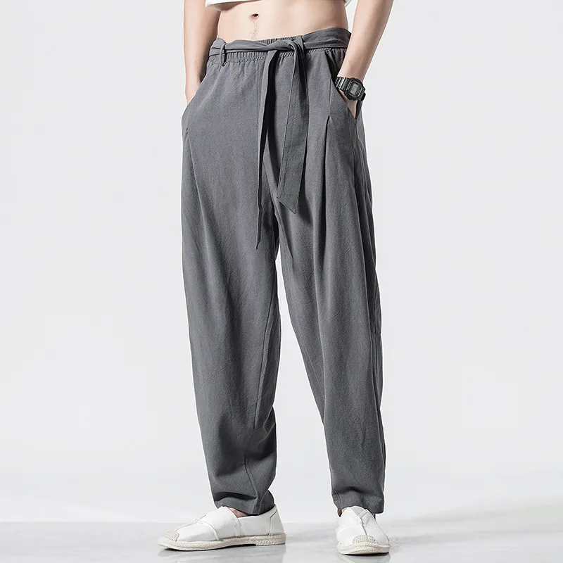 

Chinese Style Men's Linen Casual Pants Loose Plus Size Lantern Wide Leg Cotton Trousers Solid Elastic Waist Straight Loose Pants