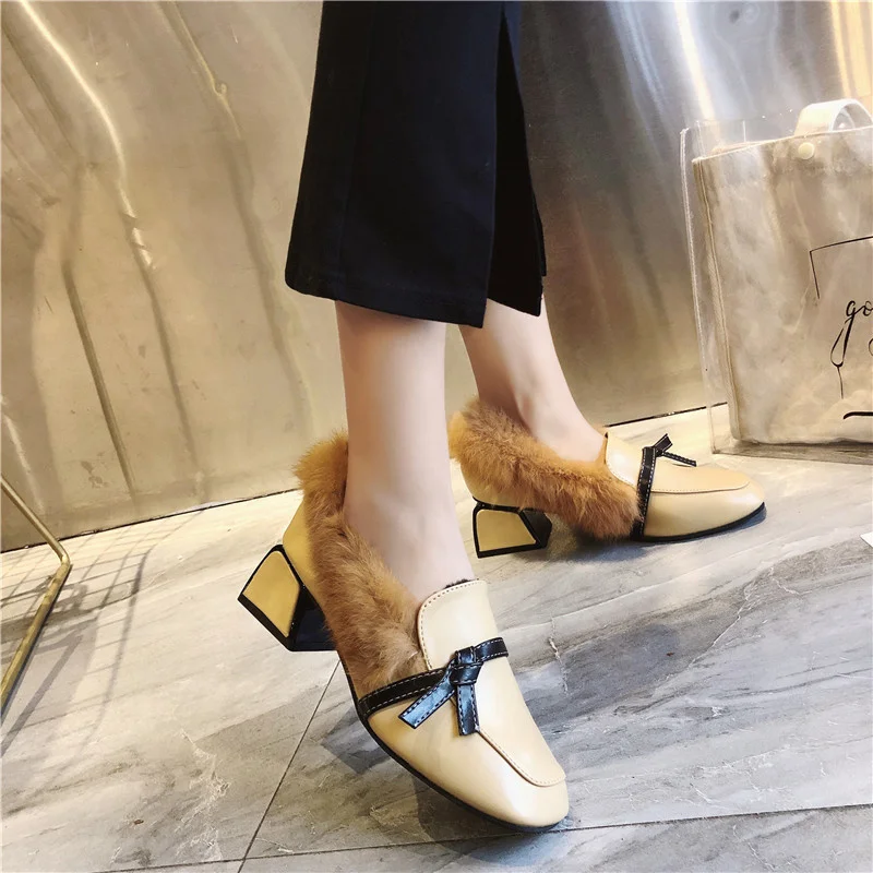 

Туфли-Лоферы женские плюшевые, теплые, квадратный носок, без застежки, с бантом, на среднем каблуке, удобная пикантная зимняя обувь