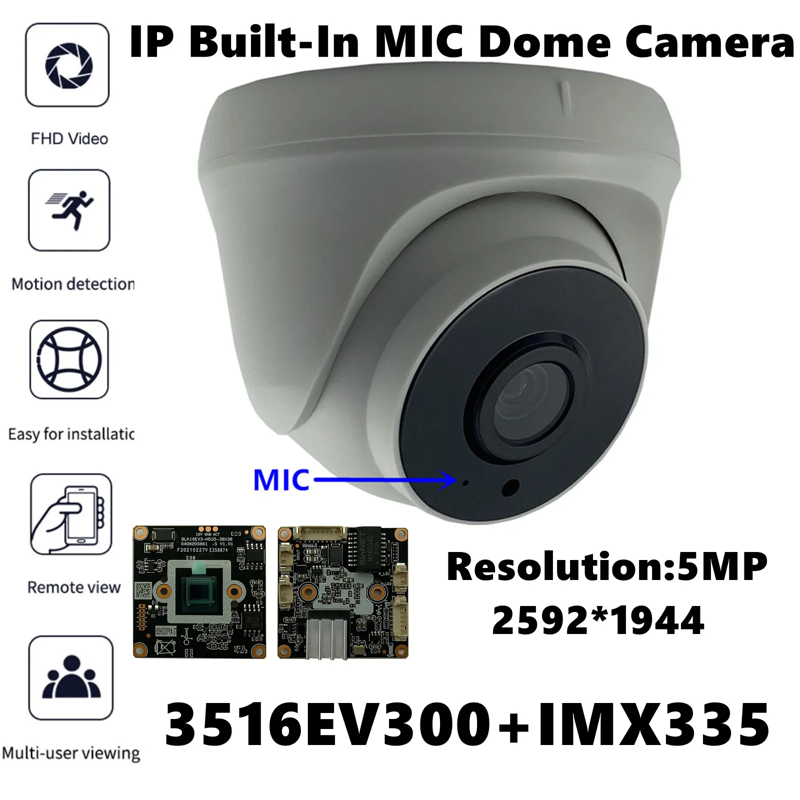 Купольная IP камера Sony IMX335 + 3516EV300 со встроенным микрофоном 5 МП 2592*1944 H.265 IRC P2P Onvif