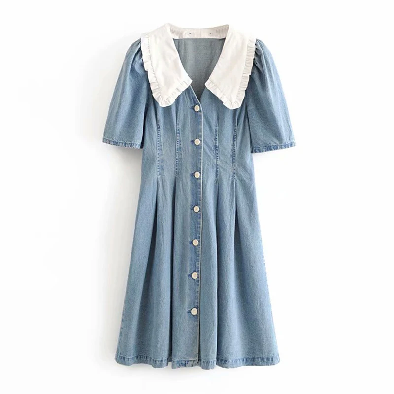 Женское джинсовое платье в стиле пэчворк летнее модное плиссированное с пышными