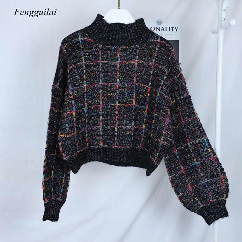 

2020 Autumn Winter New Plaid Sweater Women Korean Lazy Wind Short Loose Casual Checkered Sweater Lantern Sleeve Pullovers Girls