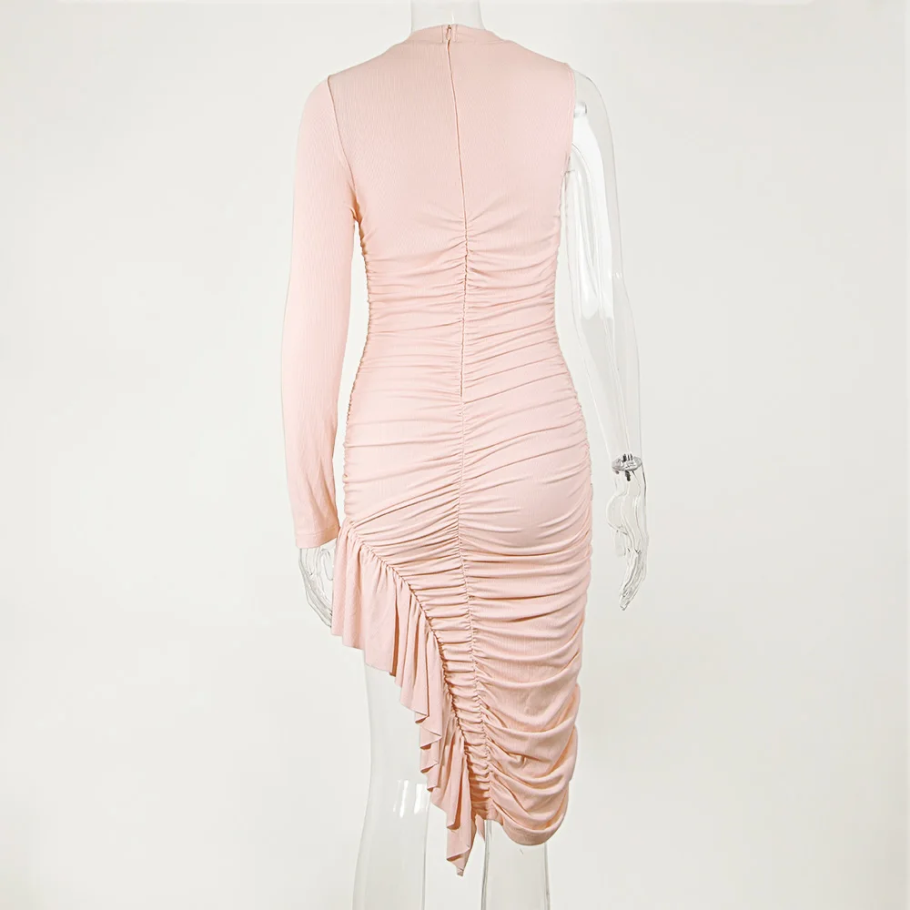 

One Shoulder Long Sleeve Ribbed Midi Dress High Stretch Irregular Ruffle Club Wear Sexy Outfits for Women Ruched Dress