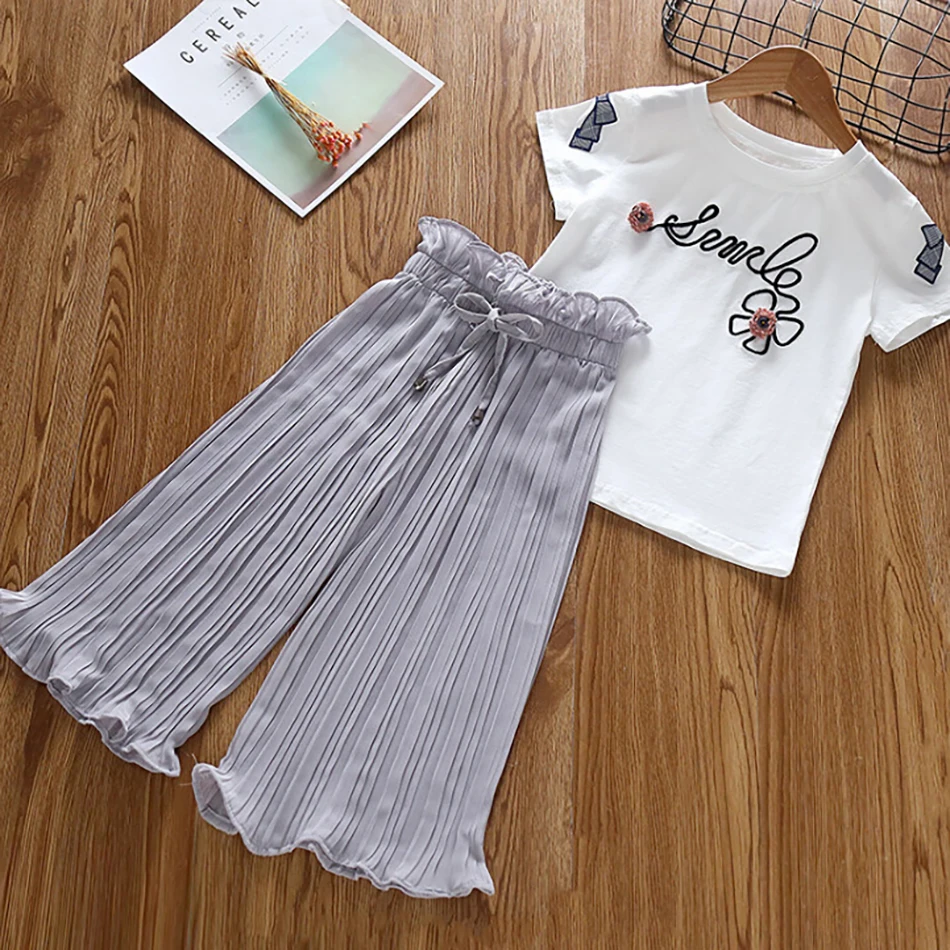 2021 Girls Summer Set T-shirt+Chiffon Pants 2 Pcs Children Clothes Children Casual Print Costume For 3-10 Years