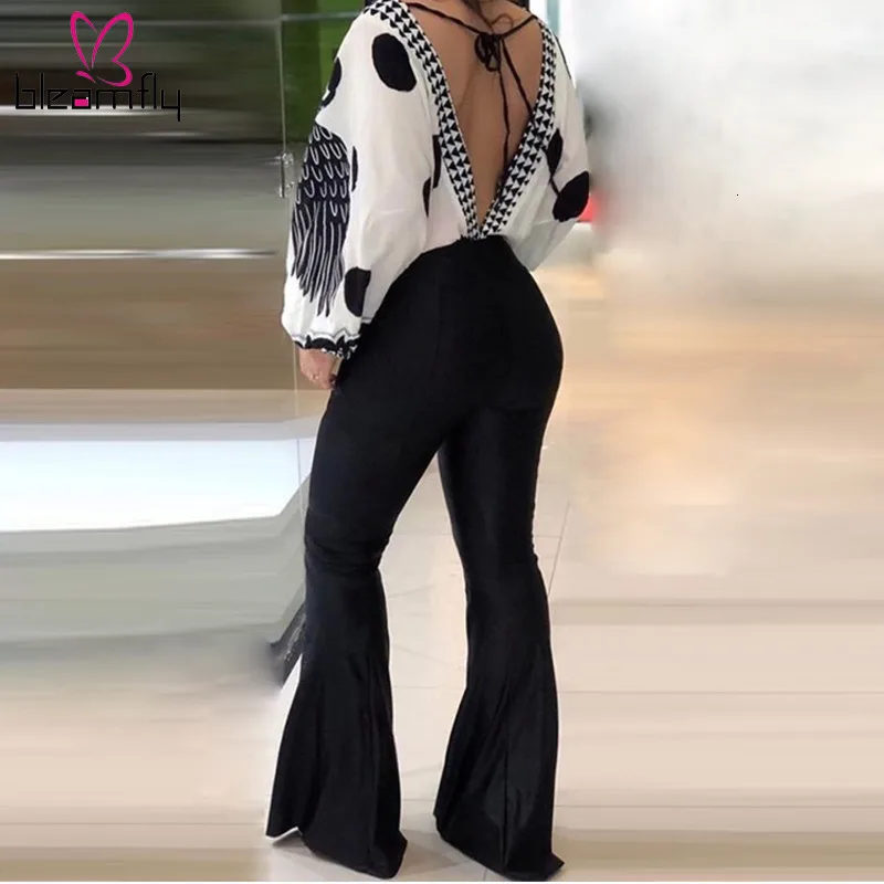 2019 женская блузка с принтом птицы v образным вырезом на шнуровке открытой спиной