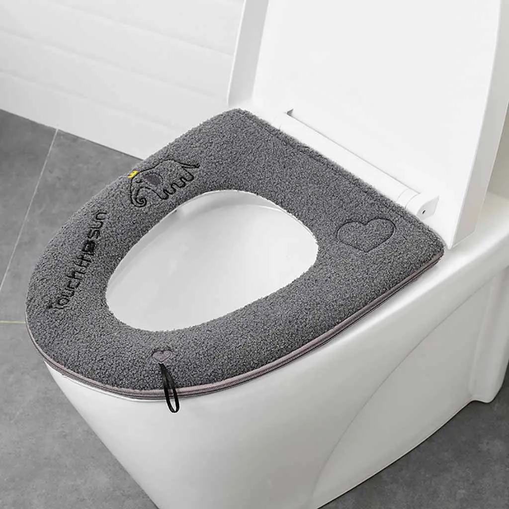 Black Home Bathroom Winter Plush Soft Toilet Seat Pad Cover Cute Elephant Pattern Printing Warm Toilet Seat Zipper With Handle - Color: Black