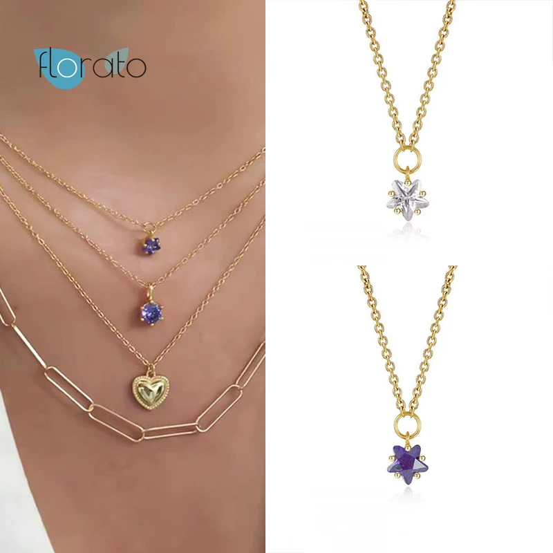 

925 Silver Chain White Purple Star Zircon Charm Pendant Necklace Women Crystal Fashion Fine Jewelry For 2021 Wedding Jewels