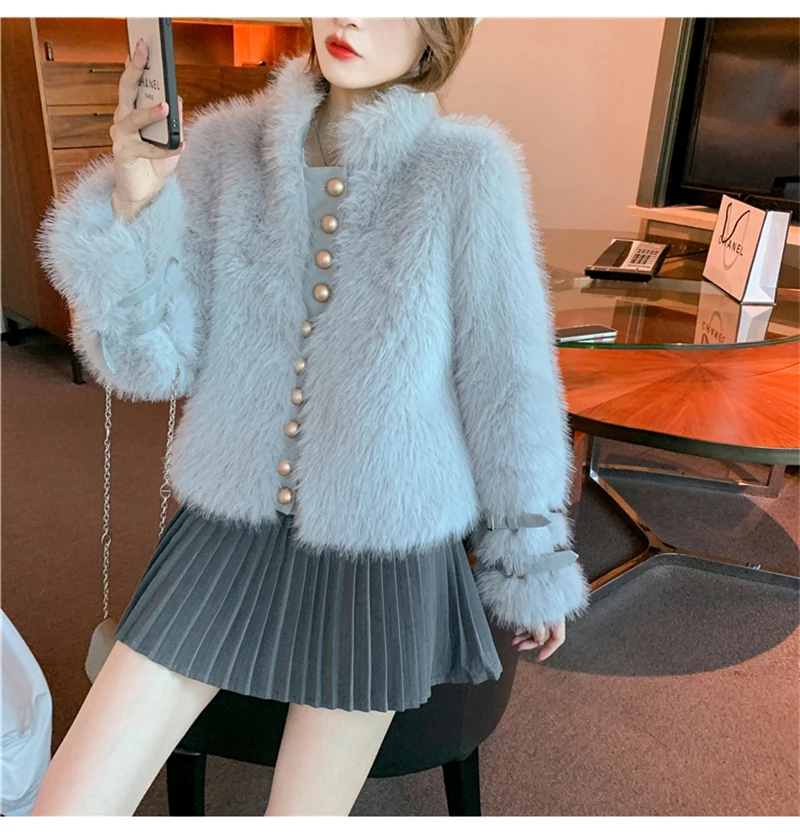 FANIECES шуба  Elegant White Faux Fur Coat Thick Warm Luxury Short Fur Outwear Pearl Buttons Women's Winter Jacket шуба женская