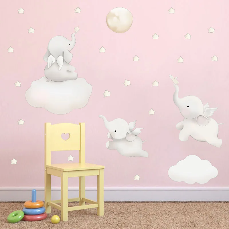 

White Floating Elephant Wall Stickers for Kids room Kindergarten Wall Decor Removable Vinyl Sticker PVC Wall Decals Home Decor
