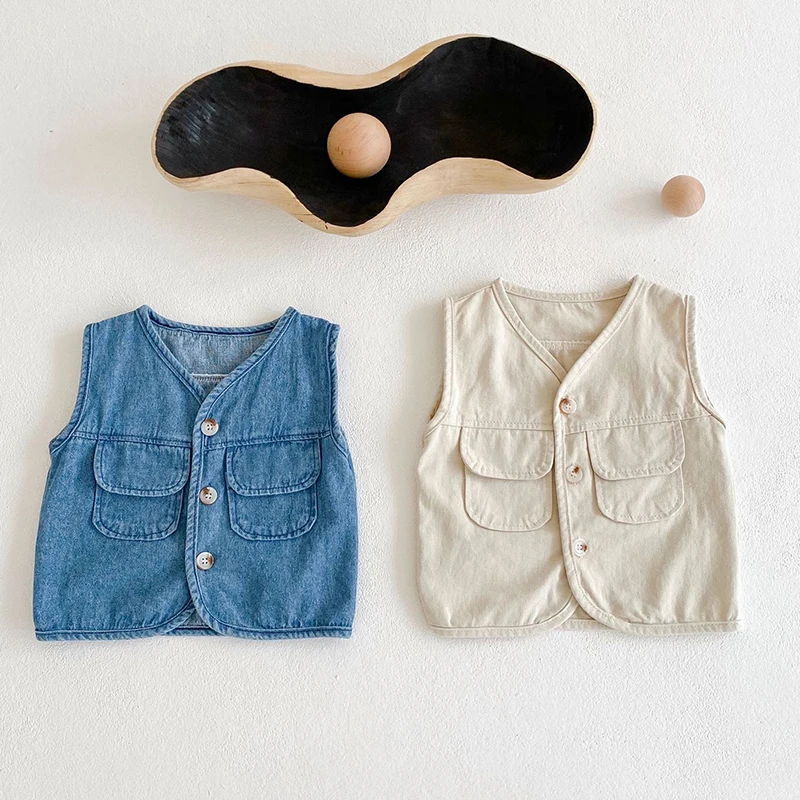 

Baby Boys Girls Vest Spring Autumn Kids Solid Sleeveless Denim Vest Pocket Cardigan Coats Infant Baby Casual Clothing