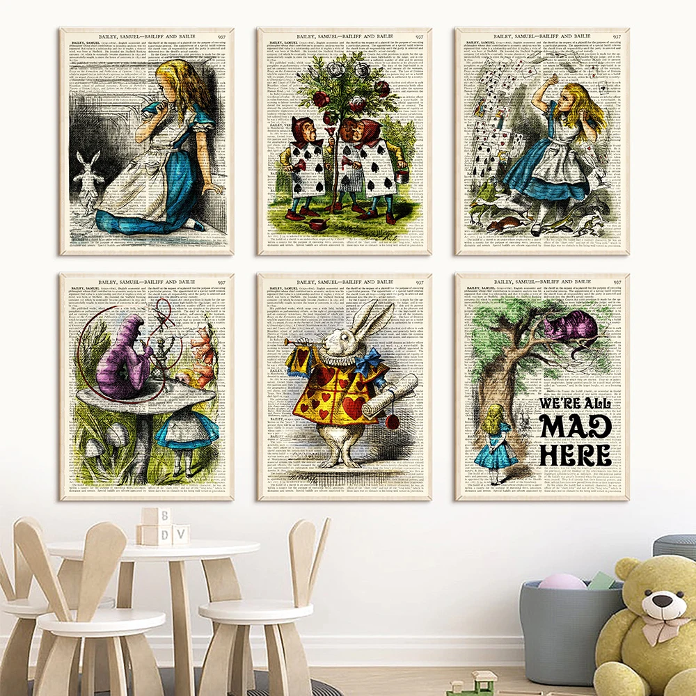 

Antique Alice In Wonderland Vintage Wall Art Poster Prints Dictionary Watercolor Canvas Painting Kids Living Bed Room Home Decor