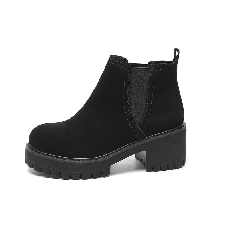 

flock thick heel Elastic band black women ankle boots Retro comfort platform Chelsea booties spring fall casual shoes