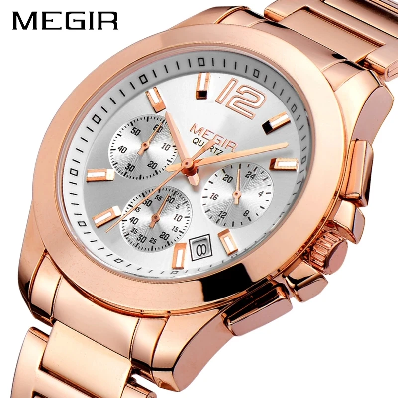 

Часы MEGIR мужские водонепроницаемые кварцевые в ретро стиле, деловые Простые Модные трендовые, стальной ремешок, три глаза, хронограф, 5006