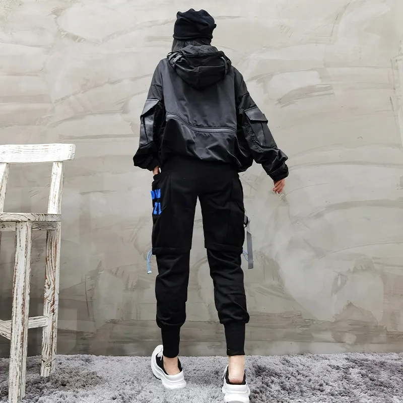 

Loose sweater women autumn 2020 new style PU leather stitching top hooded printing Korean pullover