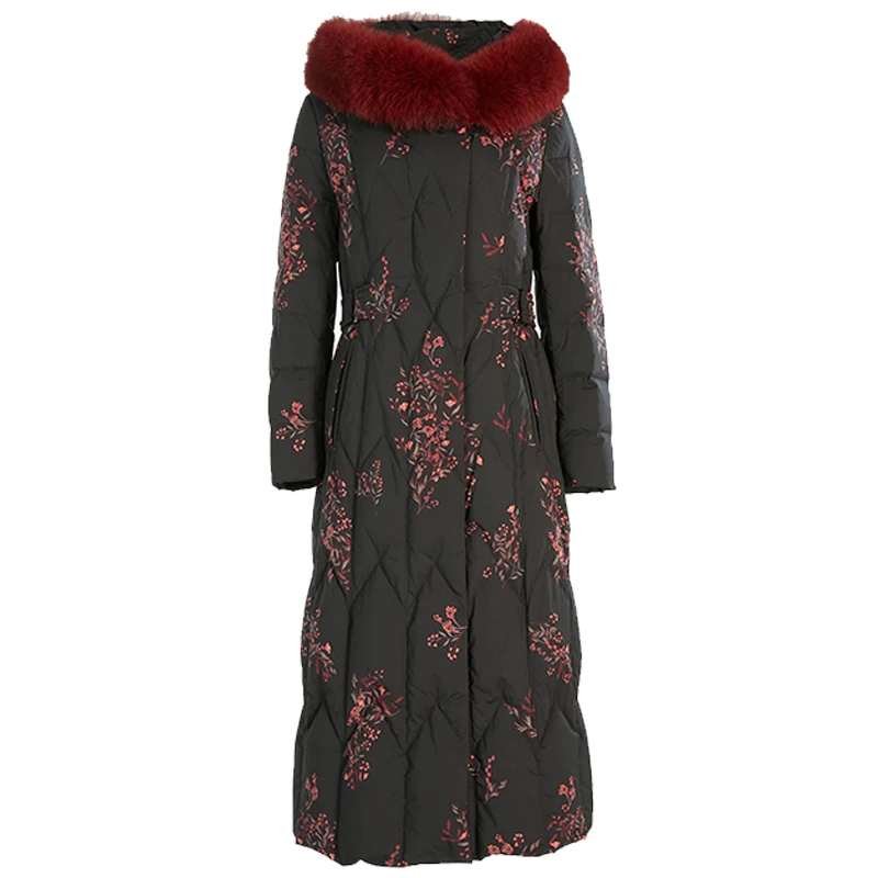 

Gowani Women Winter Luxury Retro Floral Printed Belt Waisted Long Down Jacket with Real Fur Collar