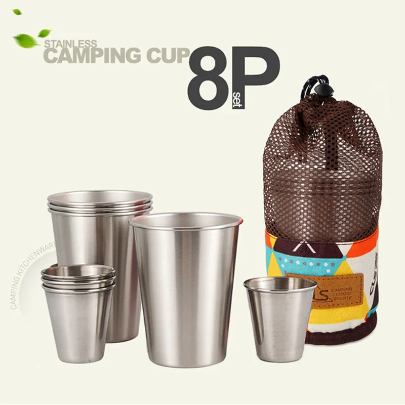 

Outdoor 304 stainless steel mug picnic barbecue 8 pieces camping water glass white wine beer glass self-driving tableware set