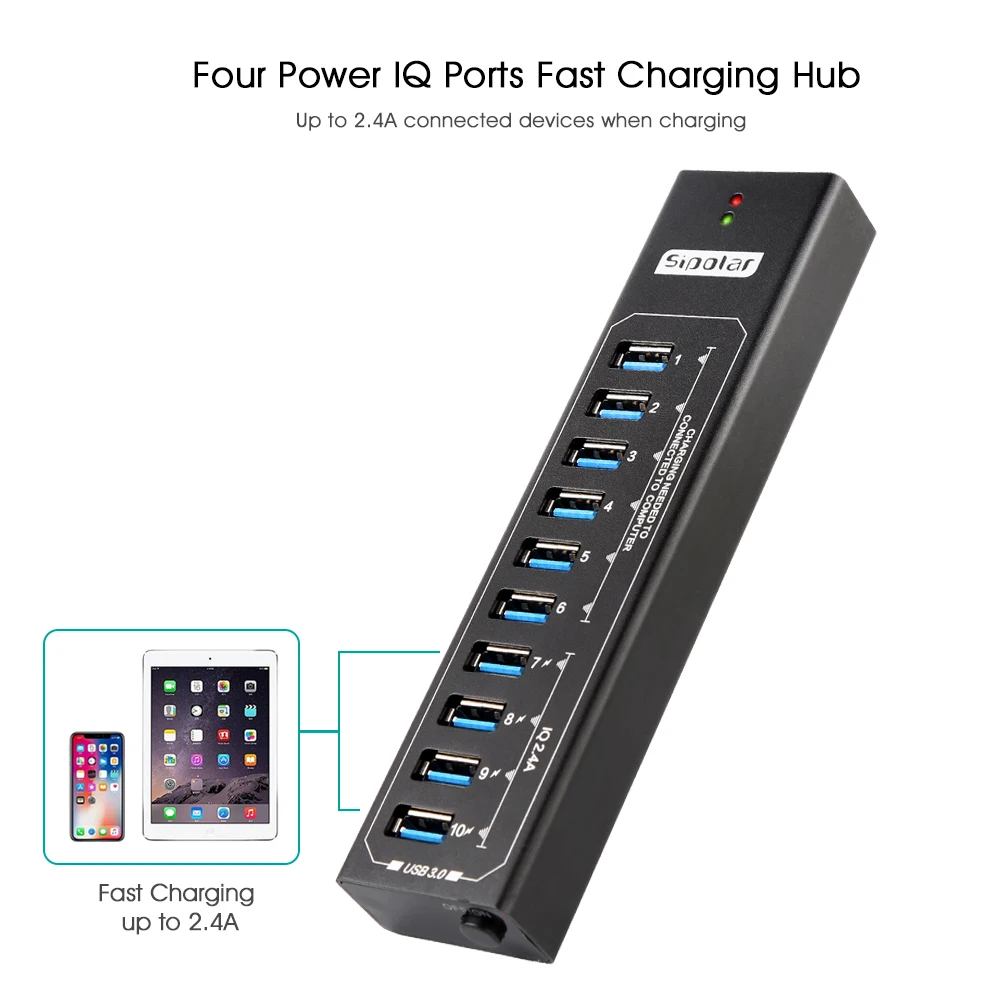 Sipolar Metal 10 портов usb 3,0 концентратор с 12V3A адаптер питания 2.4A usb зарядное устройство концентратор usb зарядная станция для ПК телефона ноутбука