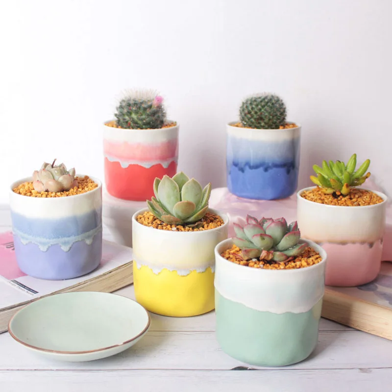 

Home Garden Decoration Ins New Flowing Glaze Colorful Succulent Ceramic FlowerPot Hand Painted Desktop Green Plant Container