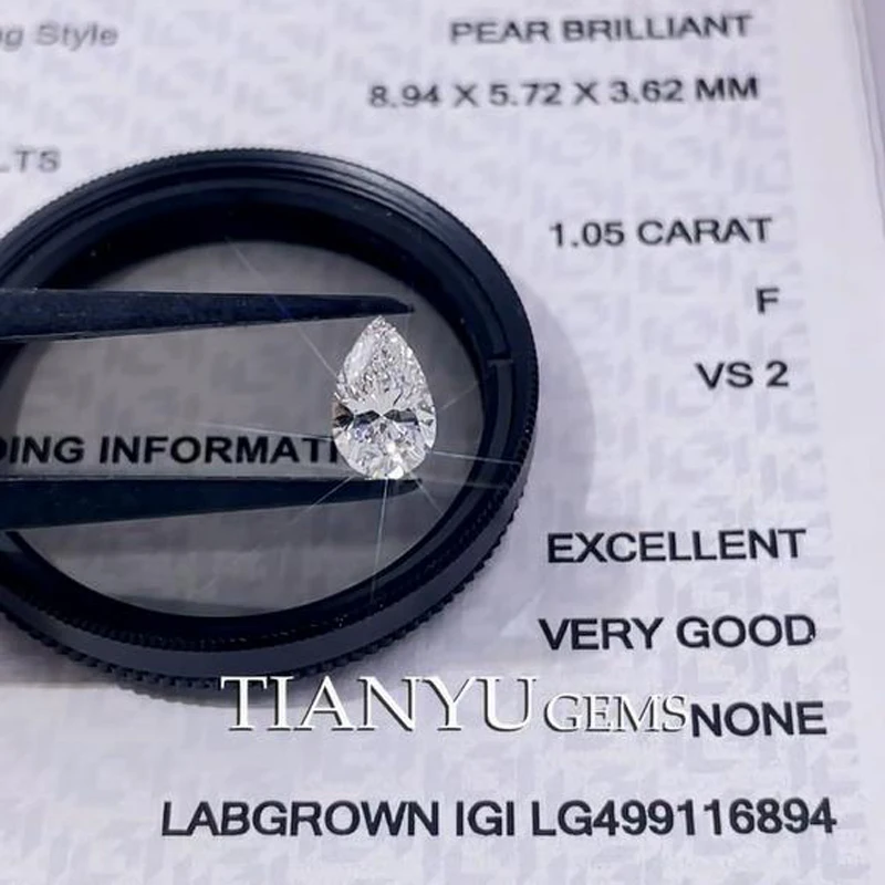 

Tianyu Gems CVD 1.05ct F VS2 груша бриллианты EX VG Lab выросшие алмазы иджи 8.94x5.72x3.62 мм синтетический камень для женщин кольцо ювелирные изделия