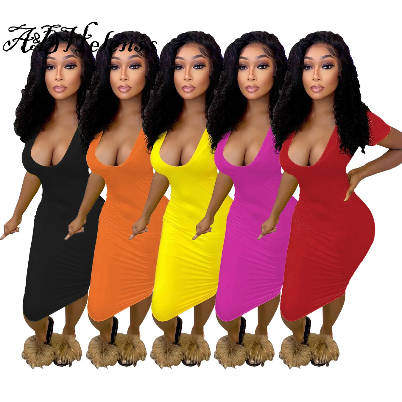 

A & BHelenss пикантные платья для женщин 2021 винтажное платье с глубоким V-образным вырезом уличная одежда однотонное облегающее длинное платье п...