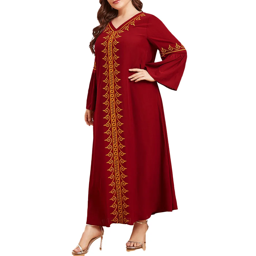 

Summer 2021 Fashion New Oversize Indie Nationality Embroidery Long Sleeve Solid Color Folds V-neck Loose Casual Muslim