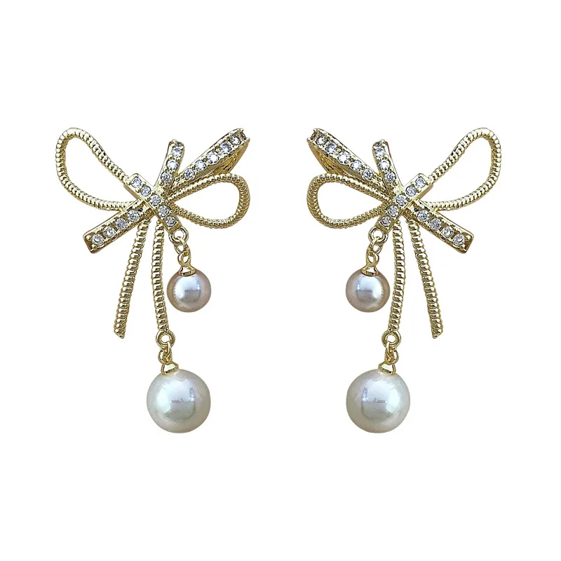 

2021 Chic Simple Crystal bow Pearl earrings women earrings Korean temperament Elegant Women earrings boucle doreille