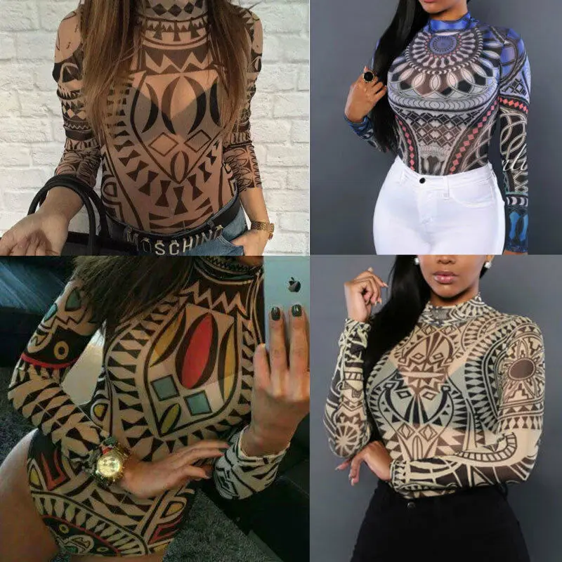 

2019 New Sexy Women Tattoo Tribal Print Stretchy Bodysuit See-Through Mesh Sheer Long Sleeve Top Lady Clubwear O Neck Bodycon