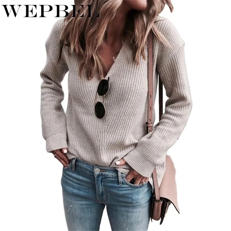 

WEPBEL Women Elegant Autumn Winter Skinny Knitted Pullover Sweater Top Ladies Long SLeeve V Neck Knitwear Sweatshirt