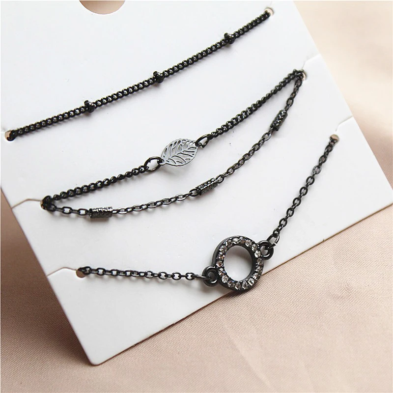 

5PCS/SET Trendy Round Crystal Black Chains Bracelet Female Bohemian Geometric Chain Leaf Shape Bracelet Set Jewelry Girl Party