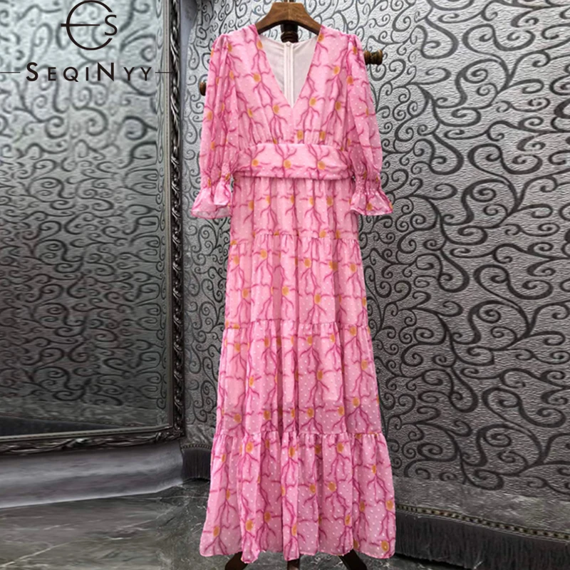 

SEQINYY Casual Midi Dress Summer Spring New Fashion Design Women Runway Dot Vintage Flowers Print Holiday Chiffon A-Line