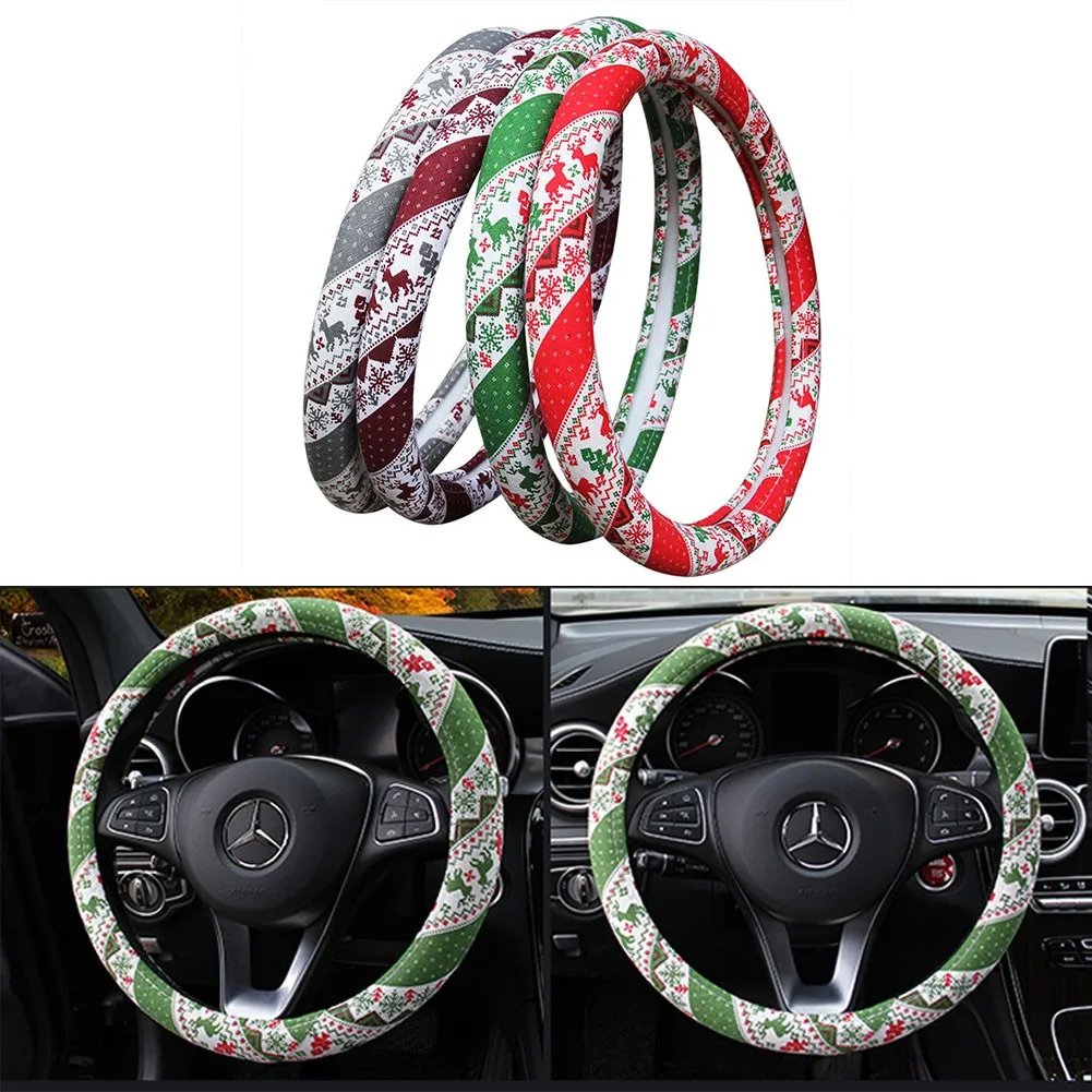 

38CM Linen Cute Elk Universal Car Steering Wheel Cover Christmas Style Gift Four Seasons General Non-Slip Cover Car Accessories