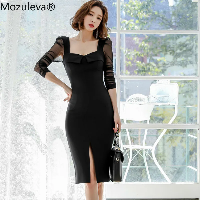 Mozuleva Sexy Midi Black Dress Women Square-neck Mesh Sleeve Female Skinny 2019 Elegant Split Party Vestidos femme | Женская одежда