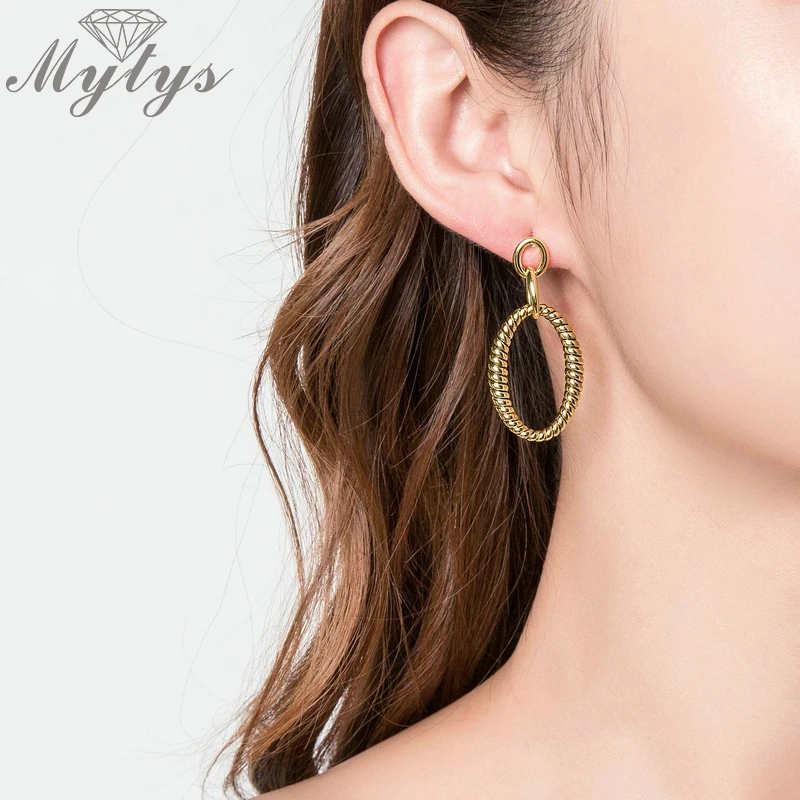 Mytys Twist Circle Round Drop Earrings for Women Trendy Fashion Dangle Gold Color Metal Jewelry CE625 | Украшения и аксессуары