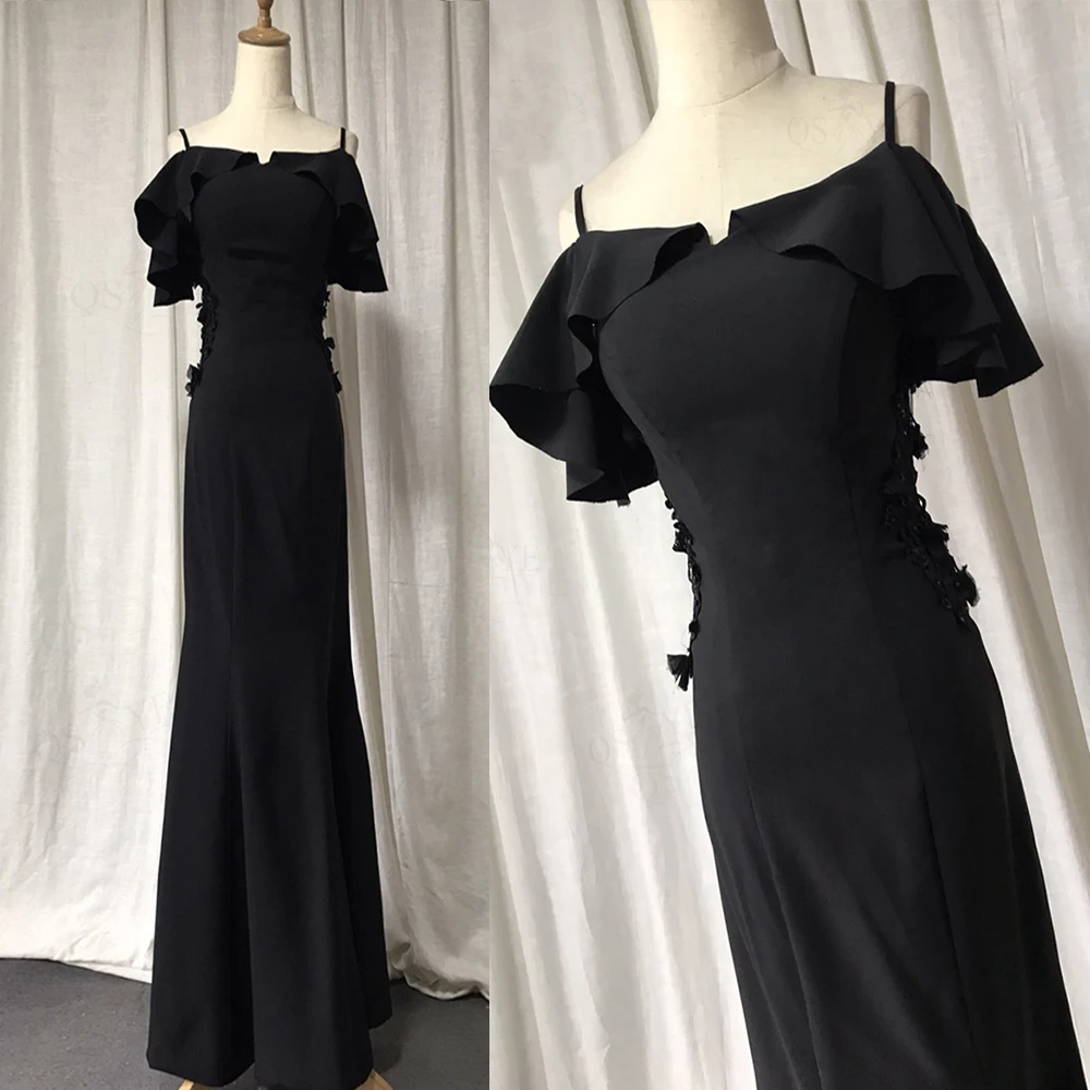 

Black Evening Dresses Spaghetti Straps Mermaid Party Dress Side Sleeves Black Appliques Lace Flowers Fit Formal Prom Gown Chic