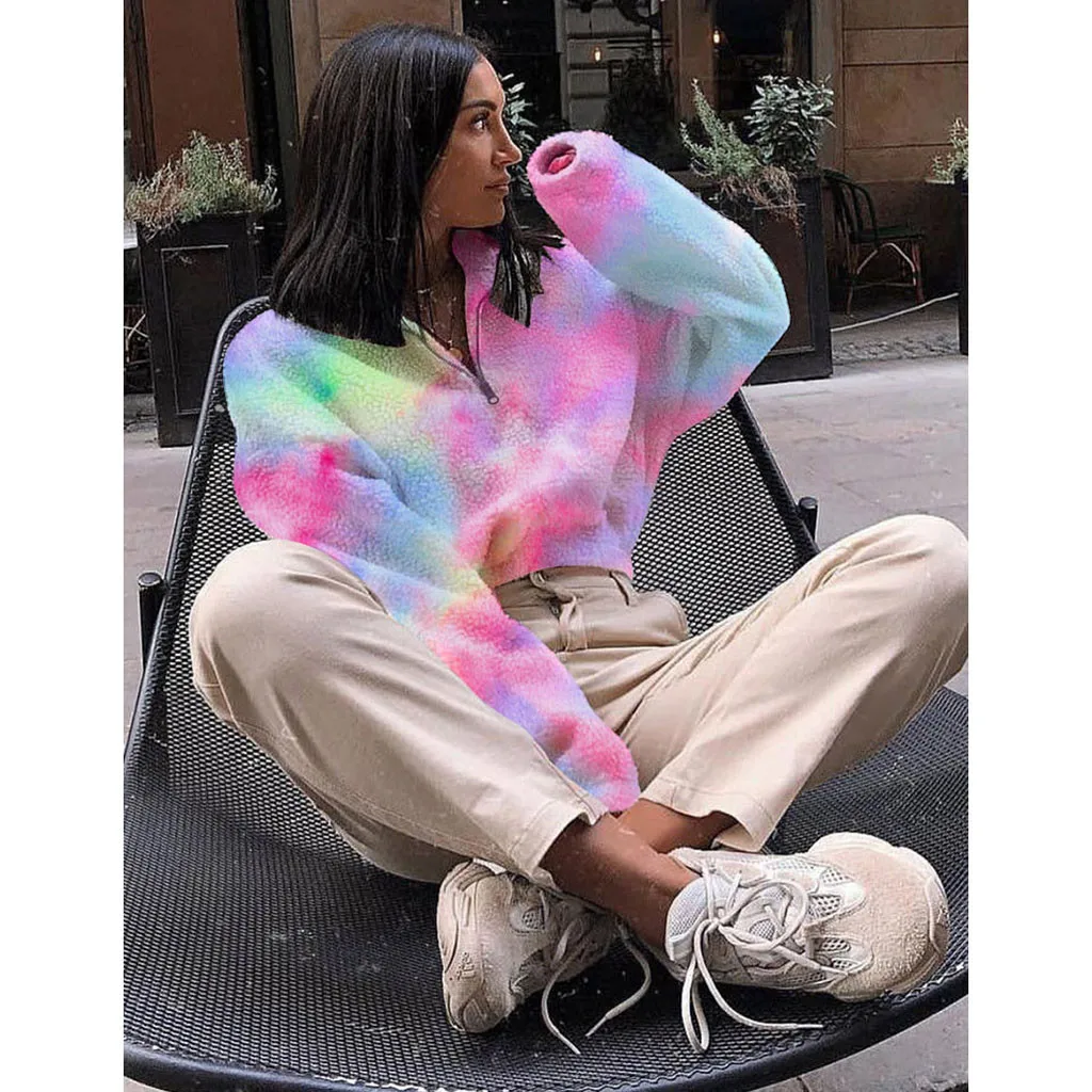 Женская Радужная Толстовка Tie Dye Teddy уличная одежда с длинным рукавом из искусственного меха флисовые Топы плюшевый пуловер больших размеров Sudadera Mujer