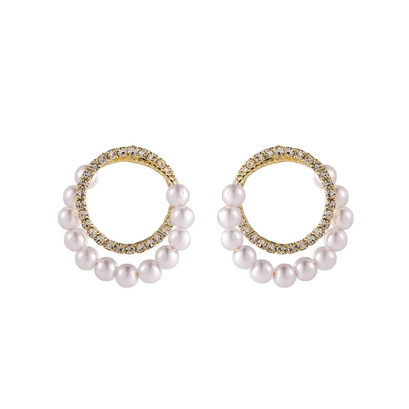 

2021 New Arrival Trendy Round Pearl Simulated-pearl Double Circle Stud Earrings For Women Fashion Crystal Jewelry Gifts