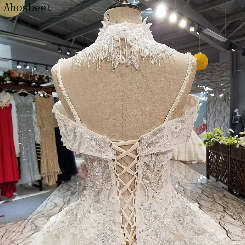 Sample Luxury 180cm Royal Train Bead Crystal Sequin Lace Bridal Gown Tulle Long Sleeves High Neck Wedding Dress vestido de novia