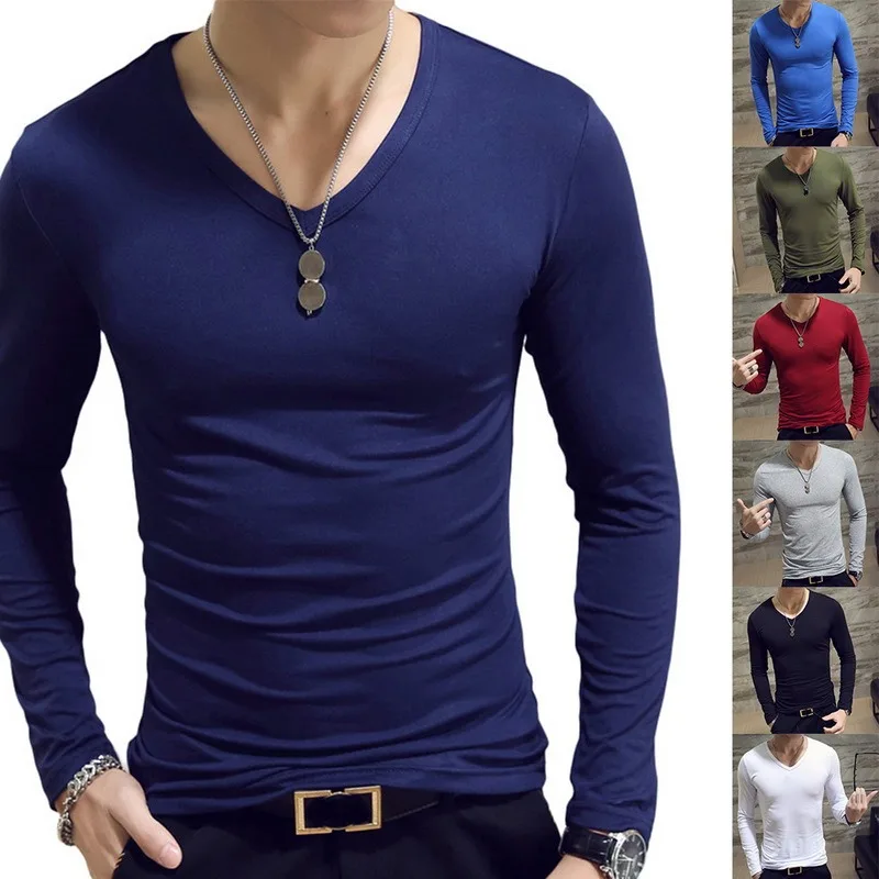 

White Solid Color Basic Slim Men T-shirt Spring Autumn Bottoming Shirt Men Round Neck V-neck Casual Tops Long-sleeve Shirts