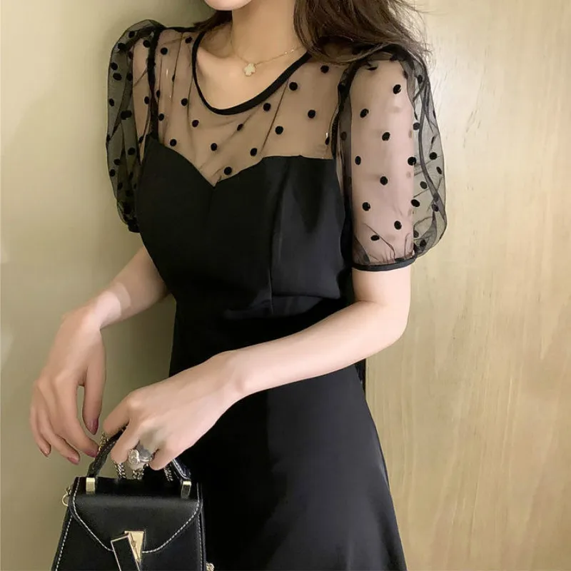 

Elegant Ruff Sleeve Empire Mini Party Dress Women Summer 2021 O Neck Dot Print Mesh Patchwork Casual Stylish Black Vestidos Lady
