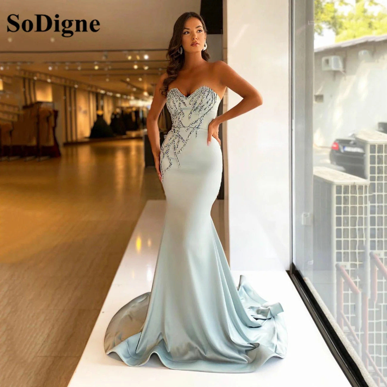 

SoDigne Bling Sequin Evening Prom Dress Mermaid Sweetheart Satin Mermaid Night Party Celebrity Gowns robes de soiree