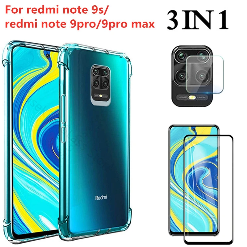 Чехол 3 в 1 стекло + подушка безопасности для redmi note 9 9s 10 Pro мягкий прозрачный